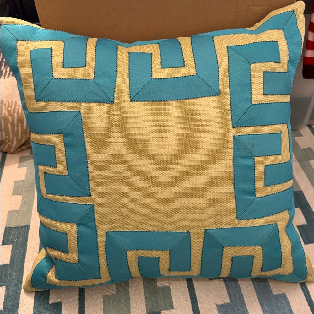 Custom Designer Pillow - Green Linen with Turquoise Greek Key border 22x22